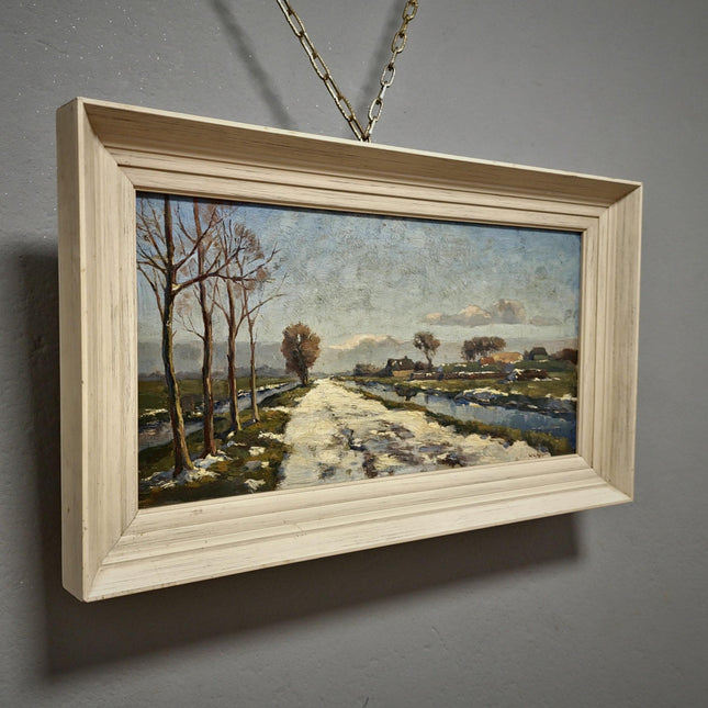 Antique Dark Moody Impressionist Landscape Oil Painting, Original Dutch Artwork, Framed Rustic Farm Wall Art, Vintage Winter Home Décor
