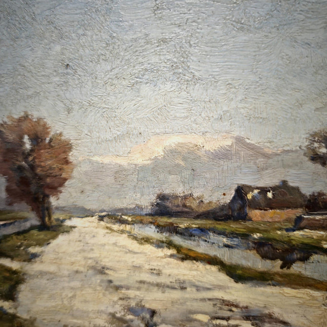 Antique Dark Moody Impressionist Landscape Oil Painting, Original Dutch Artwork, Framed Rustic Farm Wall Art, Vintage Winter Home Décor