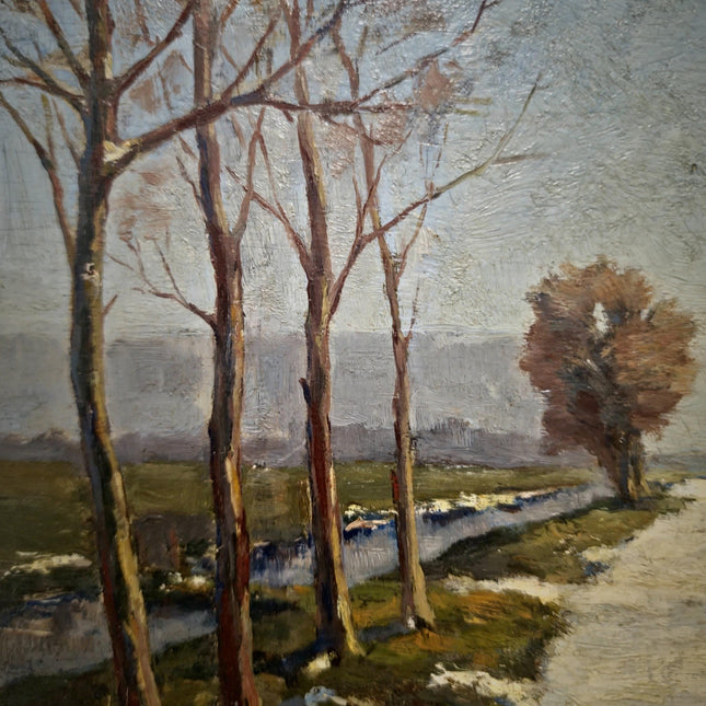 Antique Dark Moody Impressionist Landscape Oil Painting, Original Dutch Artwork, Framed Rustic Farm Wall Art, Vintage Winter Home Décor