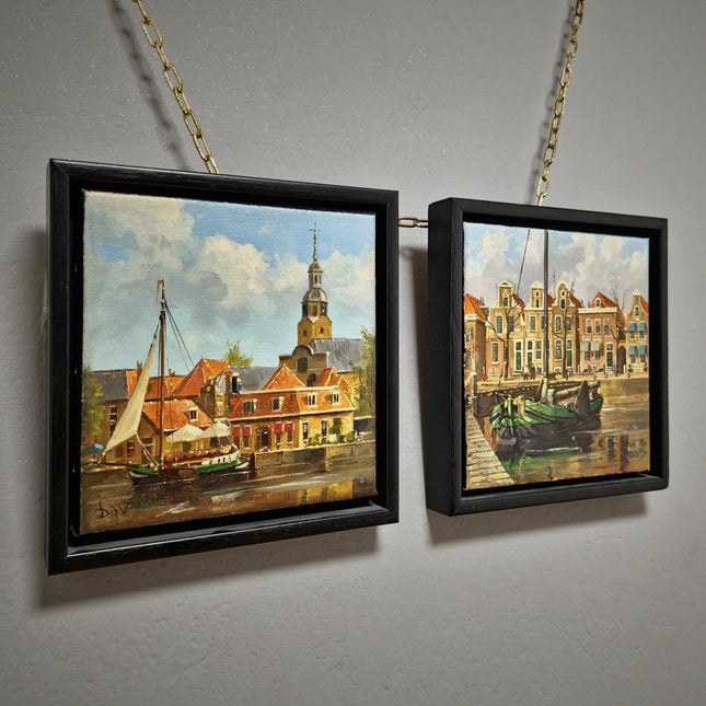 Vintage Dutch Harbor Oil Paintings Set, Signed Maritime Artwork, Framed Cityscape Decor