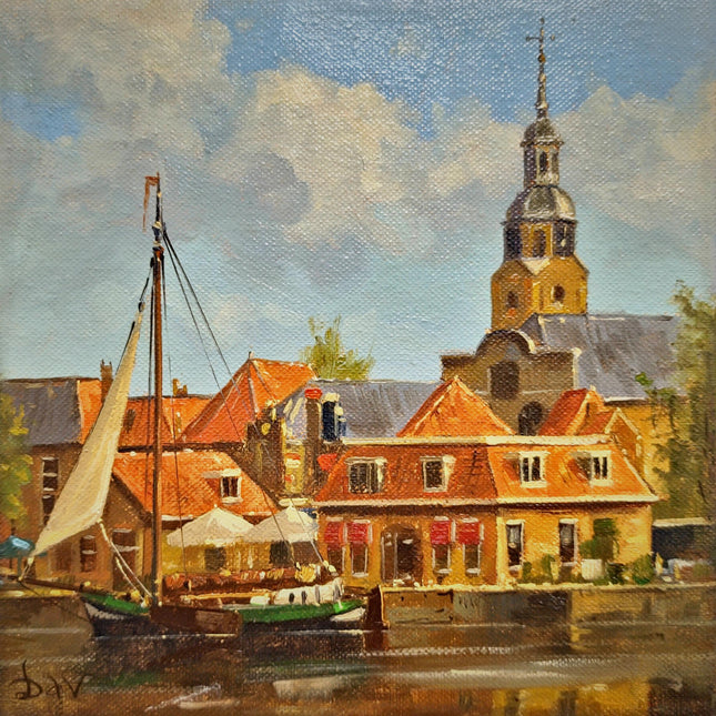 Vintage Dutch Harbor Oil Paintings Set, Signed Maritime Artwork, Framed Cityscape Decor