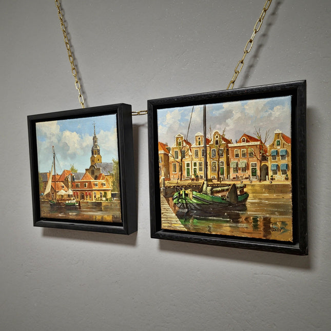 Vintage Dutch Harbor Oil Paintings Set, Signed Maritime Artwork, Framed Cityscape Decor