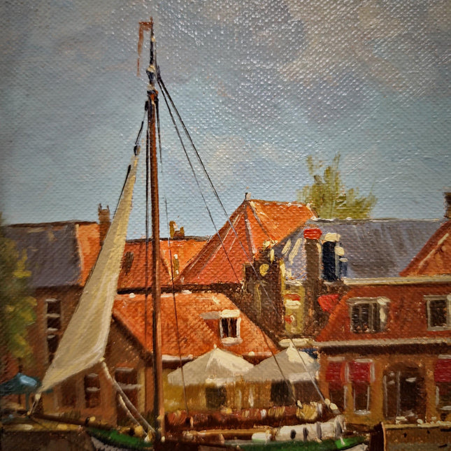 Vintage Dutch Harbor Oil Paintings Set, Signed Maritime Artwork, Framed Cityscape Decor
