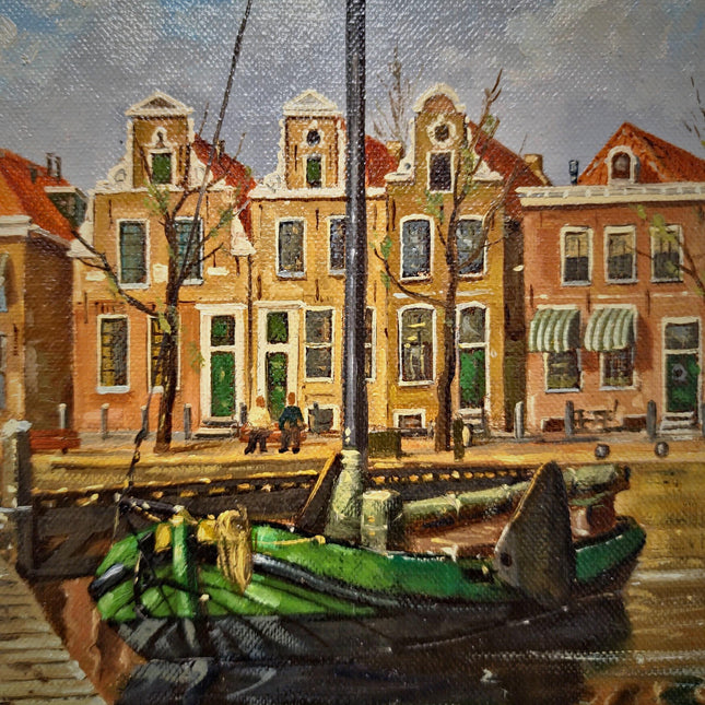 Vintage Dutch Harbor Oil Paintings Set, Signed Maritime Artwork, Framed Cityscape Decor