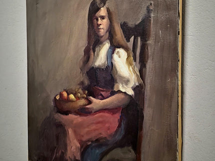 Vintage Swiss Girl Oil Painting, Signed European Portrait, Alpine Folk Art