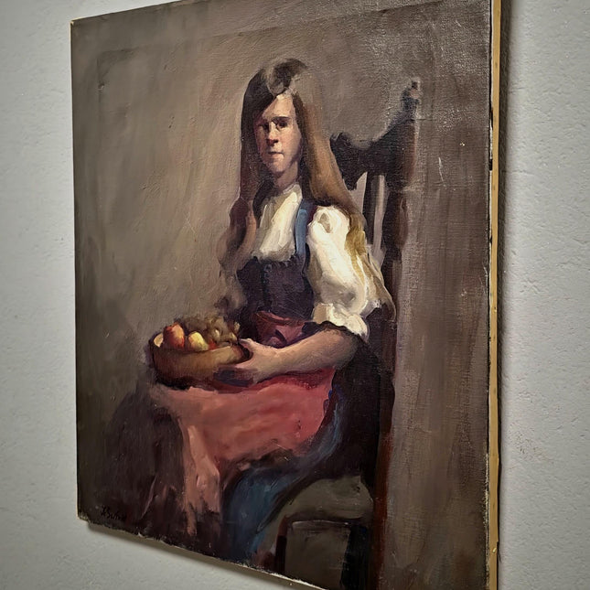 Vintage Swiss Girl Oil Painting, Signed European Portrait, Alpine Folk Art