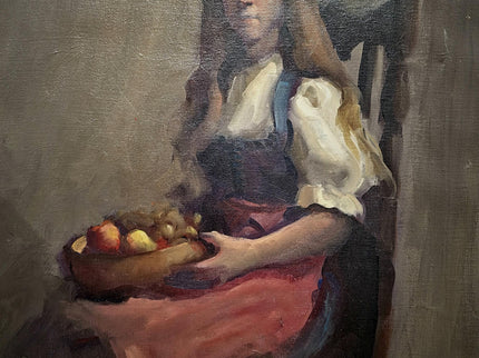 Vintage Swiss Girl Oil Painting, Signed European Portrait, Alpine Folk Art
