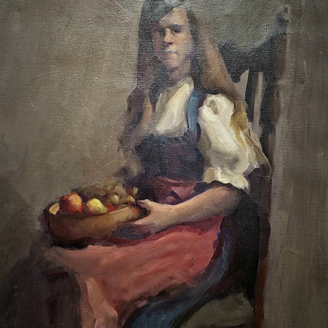 Vintage Swiss Girl Oil Painting, Signed European Portrait, Alpine Folk Art