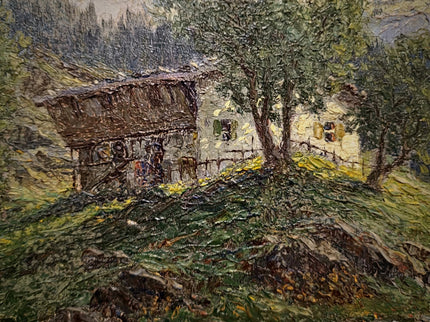 Antique French Oil Painting, 19th Century Mountain Chalet Landscape