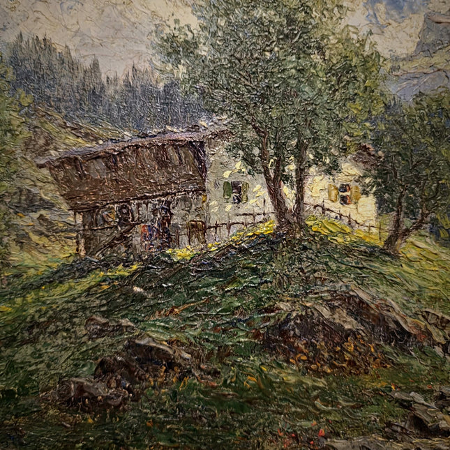 Antique French Oil Painting, 19th Century Mountain Chalet Landscape