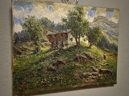 Antique French Oil Painting, 19th Century Mountain Chalet Landscape