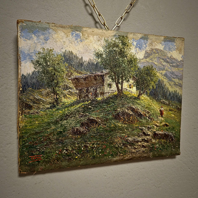 Antique French Oil Painting, 19th Century Mountain Chalet Landscape