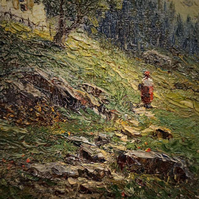 Antique French Oil Painting, 19th Century Mountain Chalet Landscape