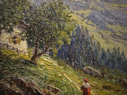 Antique French Oil Painting, 19th Century Mountain Chalet Landscape