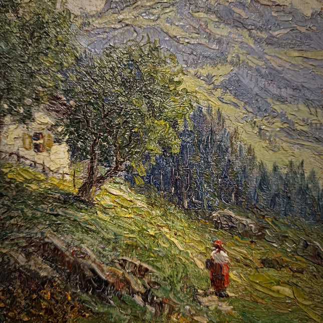 Antique French Oil Painting, 19th Century Mountain Chalet Landscape