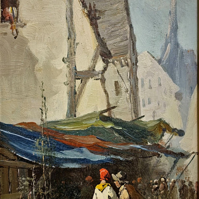 Antique French Set Oil Painting, 19th Century Signed Market Scene, Original Gold Framed Artwork, Vintage Wall Decor, Village Genre Fine Art