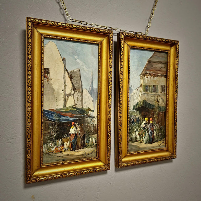 Antique French Set Oil Painting, 19th Century Signed Market Scene, Original Gold Framed Artwork, Vintage Wall Decor, Village Genre Fine Art