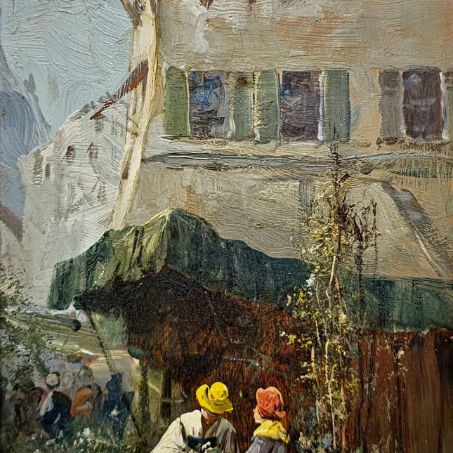 Antique French Set Oil Painting, 19th Century Signed Market Scene, Original Gold Framed Artwork, Vintage Wall Decor, Village Genre Fine Art