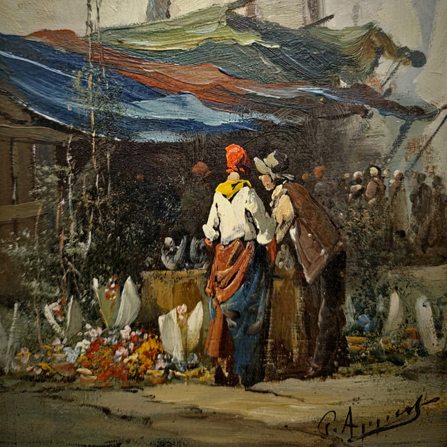 Antique French Set Oil Painting, 19th Century Signed Market Scene, Original Gold Framed Artwork, Vintage Wall Decor, Village Genre Fine Art