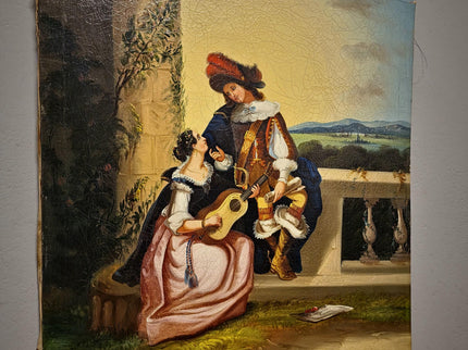 Antique Large French Romantic Oil Painting, Galante Couple Scene, 19th Century Canvas Artwork, Classical Interior Wall Decor