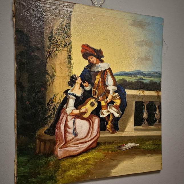 Antique Large French Romantic Oil Painting, Galante Couple Scene, 19th Century Canvas Artwork, Classical Interior Wall Decor