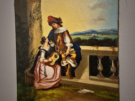 Antique Large French Romantic Oil Painting, Galante Couple Scene, 19th Century Canvas Artwork, Classical Interior Wall Decor