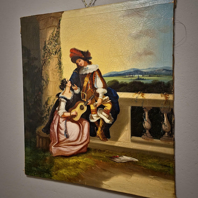 Antique Large French Romantic Oil Painting, Galante Couple Scene, 19th Century Canvas Artwork, Classical Interior Wall Decor