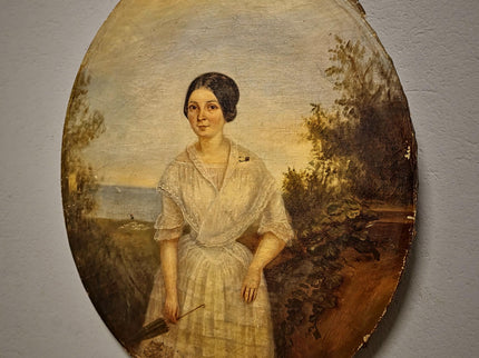 Antique French Portrait Oil Painting Oval Format, Elegant Woman with Umbrella, 19th Century Seaside Scene Artwork, Romantic Wall Decor