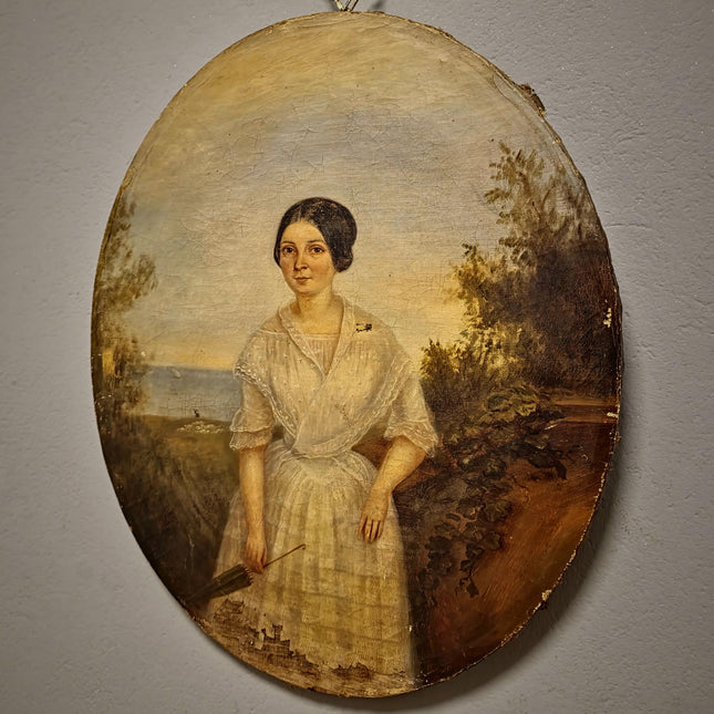 Antique French Portrait Oil Painting Oval Format, Elegant Woman with Umbrella, 19th Century Seaside Scene Artwork, Romantic Wall Decor