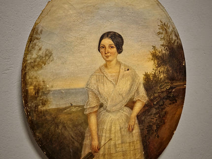 Antique French Portrait Oil Painting Oval Format, Elegant Woman with Umbrella, 19th Century Seaside Scene Artwork, Romantic Wall Decor