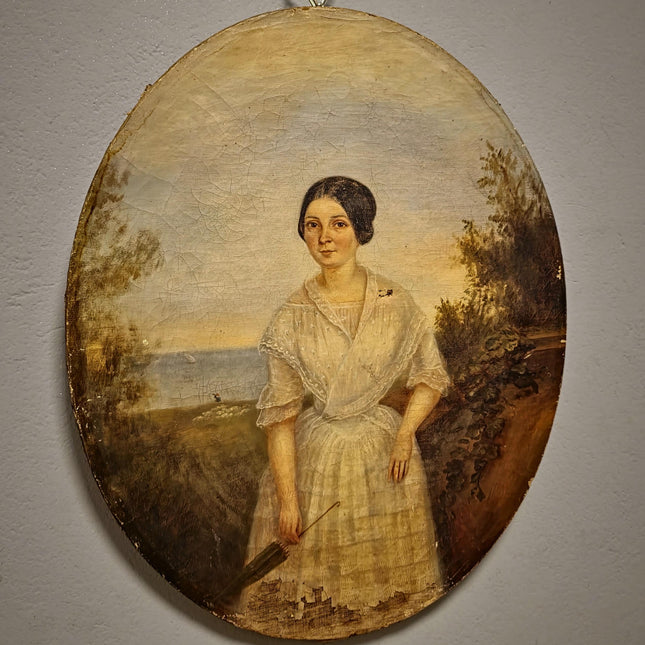 Antique French Portrait Oil Painting Oval Format, Elegant Woman with Umbrella, 19th Century Seaside Scene Artwork, Romantic Wall Decor