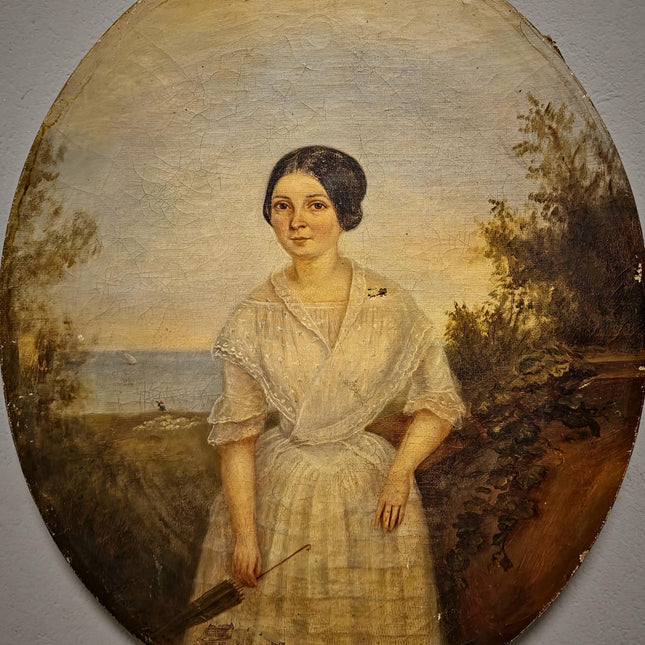 Antique French Portrait Oil Painting Oval Format, Elegant Woman with Umbrella, 19th Century Seaside Scene Artwork, Romantic Wall Decor