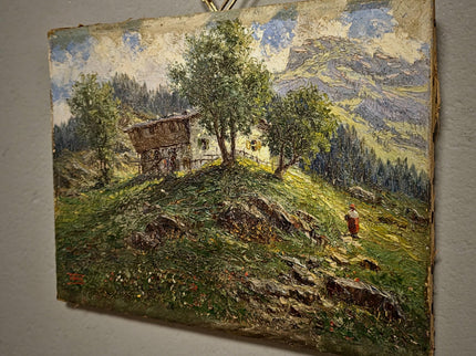 Antique French Oil Painting, 19th Century Mountain Chalet Landscape