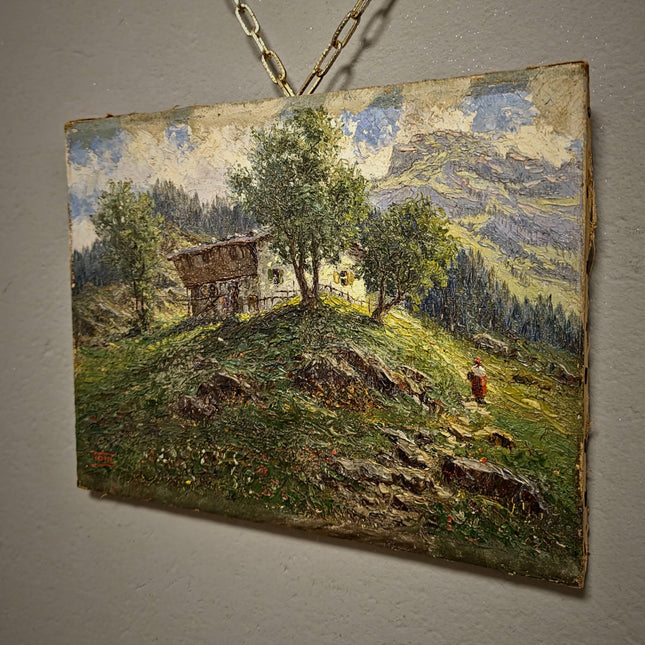 Antique French Oil Painting, 19th Century Mountain Chalet Landscape