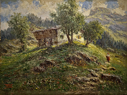 Antique French Oil Painting, 19th Century Mountain Chalet Landscape