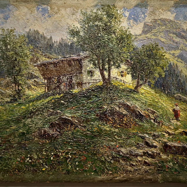 Antique French Oil Painting, 19th Century Mountain Chalet Landscape