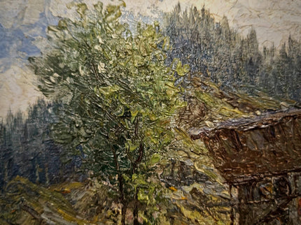 Antique French Oil Painting, 19th Century Mountain Chalet Landscape