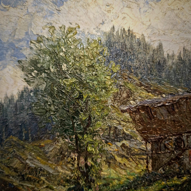 Antique French Oil Painting, 19th Century Mountain Chalet Landscape