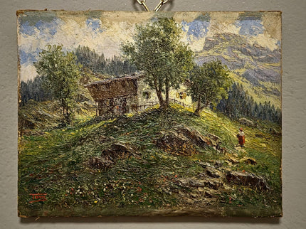 Antique French Oil Painting, 19th Century Mountain Chalet Landscape