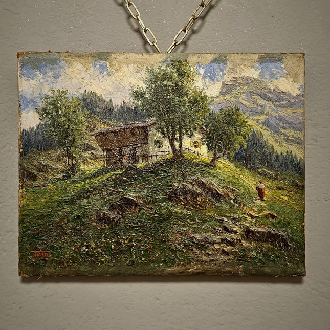 Antique French Oil Painting, 19th Century Mountain Chalet Landscape