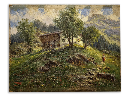 Antique French Oil Painting, 19th Century Mountain Chalet Landscape
