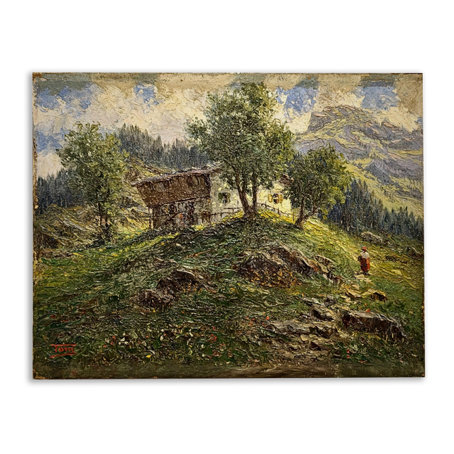 Antique French Oil Painting, 19th Century Mountain Chalet Landscape