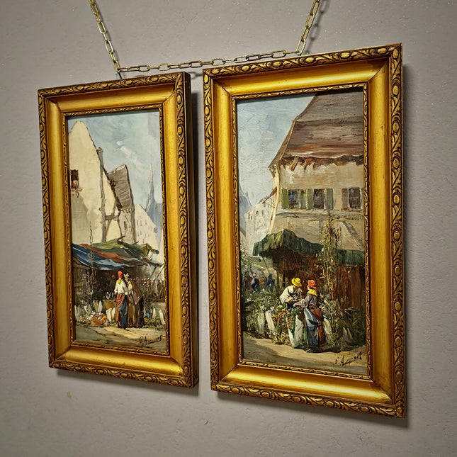 Antique French Set Oil Painting, 19th Century Signed Market Scene, Original Gold Framed Artwork, Vintage Wall Decor, Village Genre Fine Art