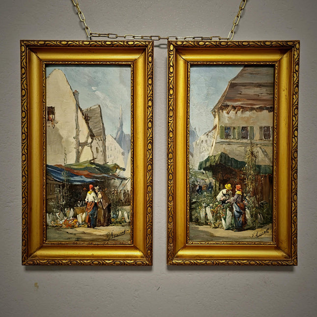 Antique French Set Oil Painting, 19th Century Signed Market Scene, Original Gold Framed Artwork, Vintage Wall Decor, Village Genre Fine Art