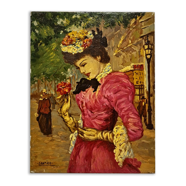 Antique French Oil Painting, Belle Epoque Woman Portrait, Signed Cartier