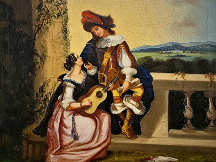 Antique Large French Romantic Oil Painting, Galante Couple Scene, 19th Century Canvas Artwork, Classical Interior Wall Decor