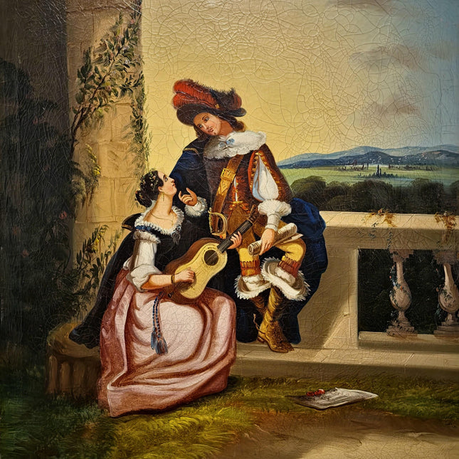 Antique Large French Romantic Oil Painting, Galante Couple Scene, 19th Century Canvas Artwork, Classical Interior Wall Decor