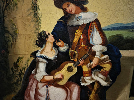 Antique Large French Romantic Oil Painting, Galante Couple Scene, 19th Century Canvas Artwork, Classical Interior Wall Decor