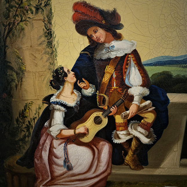 Antique Large French Romantic Oil Painting, Galante Couple Scene, 19th Century Canvas Artwork, Classical Interior Wall Decor