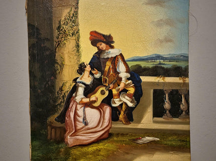 Antique Large French Romantic Oil Painting, Galante Couple Scene, 19th Century Canvas Artwork, Classical Interior Wall Decor